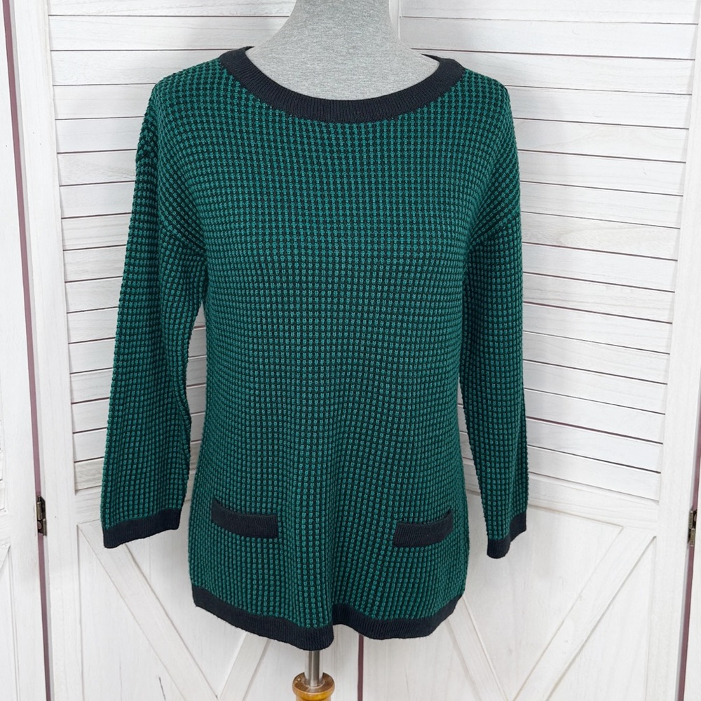Talbots Textured Jacquard Front Picket Tunic Sweater Green Black Small